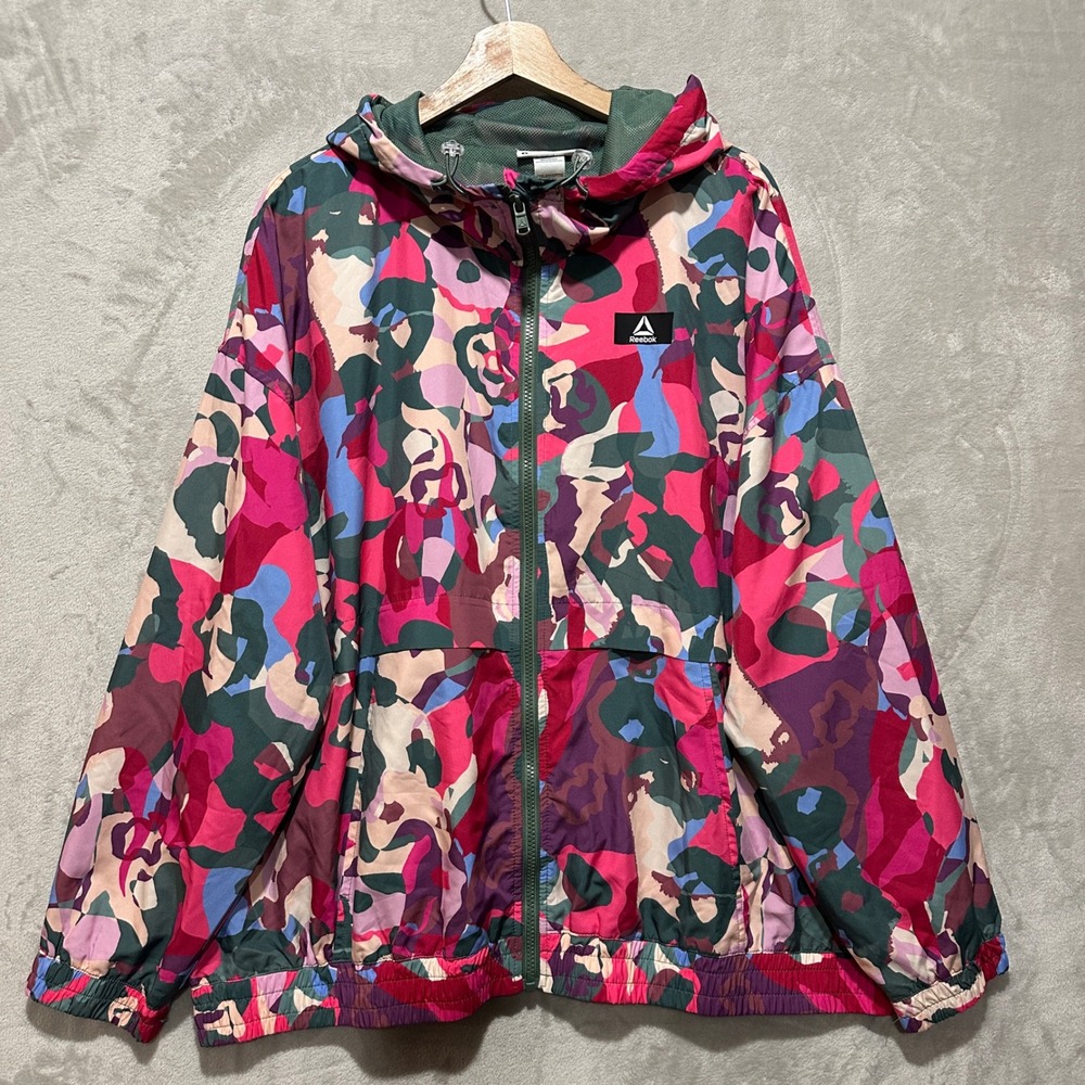 Reebok Women's Multicolor Abstract Camo Full Zip Hooded Windbreaker Jacket 3XL